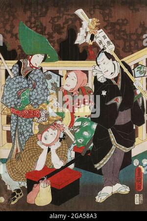 Japon: 'Helter from the Rain, rencontres sur la route du nouvel an, No 4: Acteurs Sawamura Tossho II, Nakamura Tsuruzo I, Kawarazaki Gonjuro I'. Partie de l'impression triptyque par Utagawa Kunisada I (1786-1865), 1855. Utagawa Kunisada, également connu sous le nom d'Utagawa Toyokuni III, était le concepteur le plus populaire, prolifique et financièrement prospère de gravures sur bois ukiyo-e au Japon du XIXe siècle. À son époque, sa réputation dépassait de loin celle de ses contemporains, Hokusai, Hiroshige et Kuniyoshi. Ses sujets préférés étaient les maisons de plaisir et les cérémonies du thé. Banque D'Images