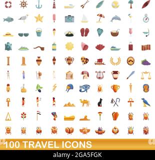 100 icônes de déplacement définies. Illustration de dessin animé de 100 icônes de voyage scénario isolé sur fond blanc Illustration de Vecteur