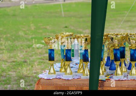 Trophées de sports d'or sur fond de terrain de football vert. Un groupe de prix pour l'attribution des athlètes se tient sur une table. Championnat, compétition Banque D'Images