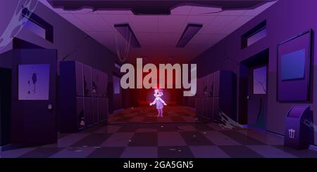 Une fille fantôme dans un vieux couloir sale de l'école la nuit Illustration de Vecteur