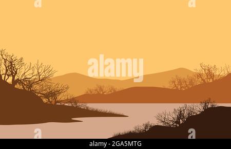 Vue fantastique sur les montagnes depuis la rive au coucher du soleil dans l'après-midi avec les silhouettes d'arbres secs. Illustration vectorielle d'une ville Illustration de Vecteur