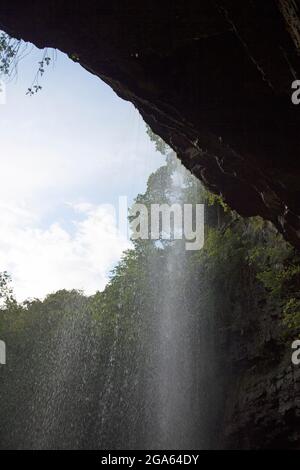 Photo prise en regardant derrière les cascades de Henrhyd, Neath, la plus haute cascade du sud du pays de Galles à 90 pieds. Banque D'Images