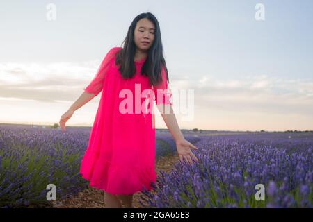 Jeune femme japonaise asiatique heureuse et belle en robe d'été appréciant la nature libre et ludique à l'extérieur sur le champ de fleurs de lavande pourpres en romantique Banque D'Images