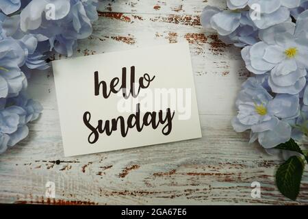 Carte Hello Sunday avec fleur en fleurs sur fond en bois Banque D'Images