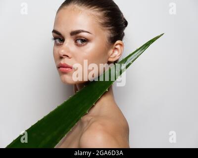 feuille d'aloès verte sur l'épaule de la femme vue latérale peau claire aspect naturel Banque D'Images