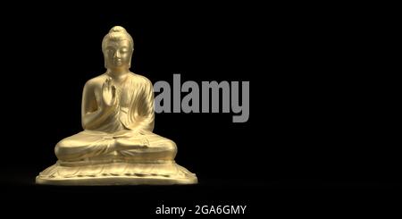 Le bouddhisme et la méditation concept: Statue de Bouddha Nirvana en position d'or sur fond noir avec espace de copie. Spiritualité zen. Sculpture religieuse. Banque D'Images