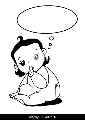 Mignon bébé, fille, personnages de dessin animé, succion de pouce, bulle de parole, noir blanc couleurs Banque D'Images