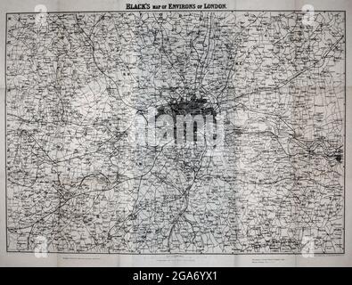 Black's carte des environs de Londres du livre ' Londres et ses environs : un guide pratique de la métropole et de ses environs, illustré par des cartes, plans et vues ' par Adam et Charles Black publié à Édimbourg par A. & C. Black 1862 Banque D'Images