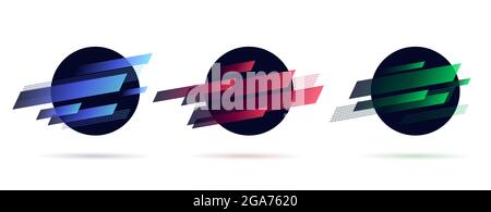 Ensemble d'éléments graphiques dynamiques, formes de cercles avec bandes aléatoires, étiquette abstraite d'espace planétaire Illustration de Vecteur