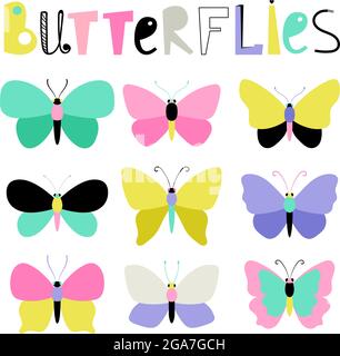 Ensemble mignon de différents jolis papillons colorés Illustration de Vecteur