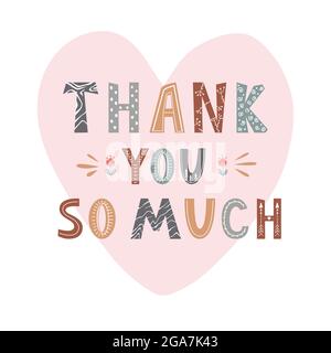 Lettrage dessiné à la main Merci beaucoup dans le style scandinave sur fond en forme de coeur. Design pour l'impression, la carte, le design, la circulaire, l'affiche. Vecteur Illustration de Vecteur