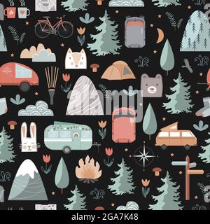 Motif de nuit sans couture dessiné à la main avec équipement de camping d'été. Remorques, montagnes, arbres et objets touristiques de style scandinave. Vecteur de dessin animé Illustration de Vecteur