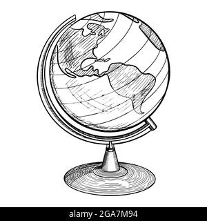 Globe debout dessiné à la main avec l'Amérique du Sud et du Nord. Croquis vintage sur fond blanc. Illustration vectorielle. Illustration de Vecteur