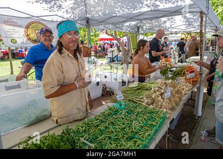 Albuquerque, Nouveau-Mexique - le marché des producteurs du centre-ville, tenu le samedi à Robinson Park. Les légumes sont en vente au stand de Los Jardines de Moktez Banque D'Images