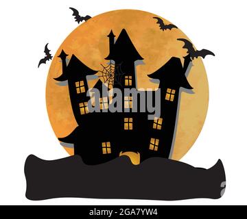 Maison de sorcière. Un des symboles Halloween. Illustration vectorielle et pleine lune avec toile d'araignée et chauve-souris Illustration de Vecteur