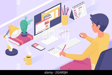 Illustration vectorielle isométrique représentant un homme travaillant à la maison ou au bureau. Dessin animé 3d jeune homme d'affaires professionnel personnage assis au bureau, utilisant l'ordinateur pour le travail d'arrière-plan de processus d'affaires Illustration de Vecteur