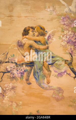 Couple d'anges sur un arbre de fleurs peinture, style classique. Banque D'Images