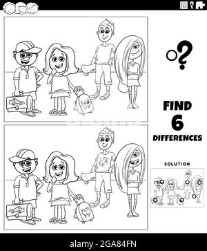 Dessin animé noir et blanc illustration de trouver les différences entre les images jeu éducatif avec l'âge élémentaire enfants coloriage page de livre Illustration de Vecteur