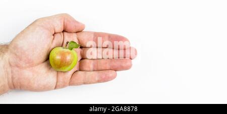 Petite pomme sauvage juteuse à la main sur fond blanc Banque D'Images