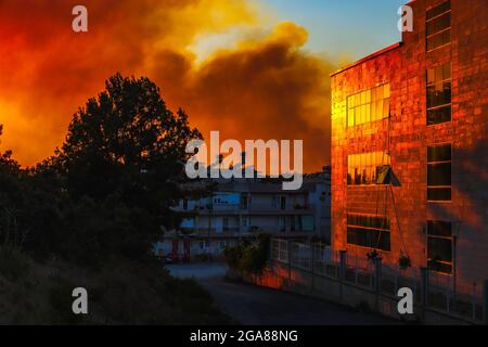 Image fraîche du feu à Manavgat Antalya Turquie, fumées de feu dans la ville, avions de feu et hélicoptères essayant de mettre le feu. Banque D'Images