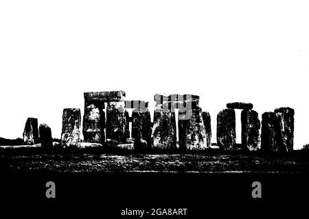 Silhouette noire et blanche de Stonehenge, le célèbre monument préhistorique d'Angleterre Banque D'Images