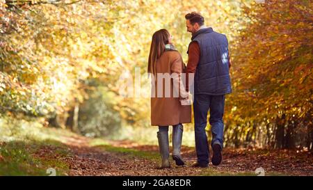 Vue arrière d'un couple affectueux d'âge mûr tenant les mains marchant le long de la piste dans la campagne d'automne Banque D'Images