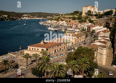 Vue générale sur la baie de Port Mahon à Minorque, Iles Baléares, Espagne Banque D'Images