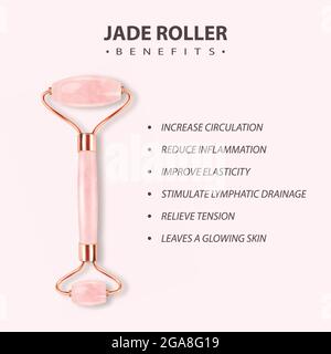 Vector 3d Realistic Gua Sha, Jade Roller, Scraping massage Tool. Avantages, pièces, instructions, infographies. Grattoir en pierre à quartz rose naturel Illustration de Vecteur