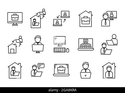 Ensemble d'icônes de concept de travail à distance. Pictogrammes de travail à plat pour le Web. Trait. Isolé sur fond blanc. Outline vector eps10. Communication en ligne Banque D'Images