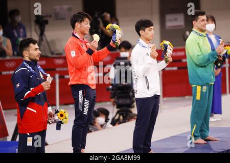 MARGVELASHVILI Vazha (GEO) 2e médaille d'argent, Hifumi ABE (JPN) gagnante Médaille d'or, AN Baul (KOR) 3e médaille de bronze, CARGDIN Daniel (BRA) 3e médaille de bronze lors des Jeux Olympiques Tokyo 2020, Judo Men -66kg cérémonie de médaille le 25 juillet 2021 à Nippon Budokan à Tokyo, Japon - photo Kishimoto / DPPI Banque D'Images