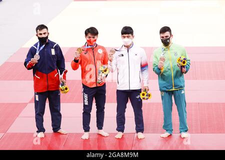 MARGVELASHVILI Vazha (GEO) 2e médaille d'argent, Hifumi ABE (JPN) gagnante Médaille d'or, AN Baul (KOR) 3e médaille de bronze, CARGDIN Daniel (BRA) 3e médaille de bronze lors des Jeux Olympiques Tokyo 2020, Judo Men -66kg cérémonie de médaille le 25 juillet 2021 à Nippon Budokan à Tokyo, Japon - photo Kishimoto / DPPI Banque D'Images