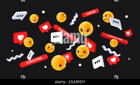 Concept de réactions aux médias sociaux. Émoticônes volant, comme, visages Emoji, coeurs, Commentaire et bouton s'abonner sur fond sombre. Illustration vectorielle Illustration de Vecteur
