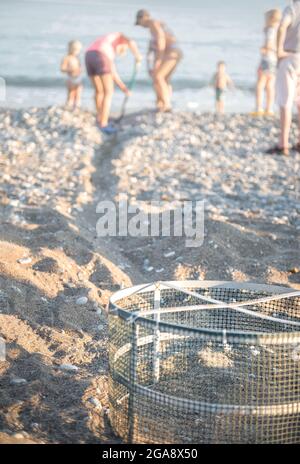 Cage protectrice sur le nid de la tortue de mer et bénévoles nettoyant la plage, aidant les tortues à se rendre en mer en toute sécurité Banque D'Images