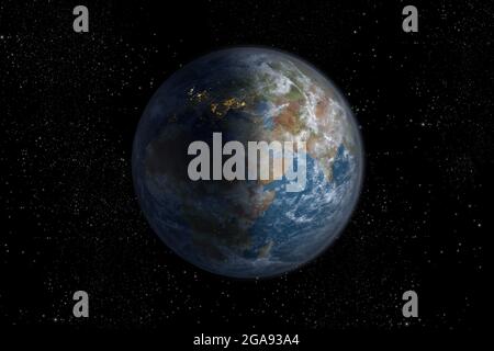 Illustration 3D de la planète Terre en demi-lumière du jour pivotée pour montrer l'Afrique, le Moyen-Orient et l'Europe, avec le chemin d'écrêtage inclus dans le fichier. Elem Banque D'Images