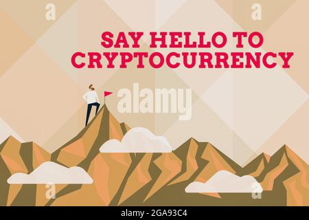Légende du texte de présentation dire bonjour à la crypto-monnaie. Mot écrit sur Lead et annoncer l'échange de monnaie décentralisé Résumé atteindre et réaliser Banque D'Images