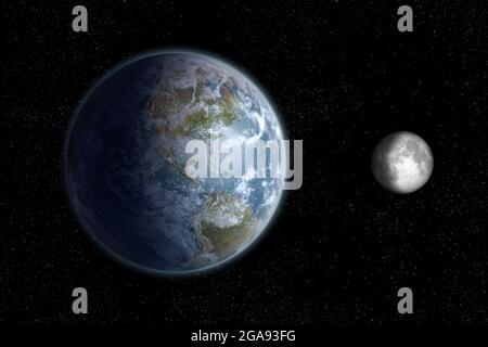 La Terre et la Lune rendu 3d de l'espace en demi-lumière du jour sur fond de champ d'étoiles, montrant les continents américains. Éléments de cette image fournit Banque D'Images