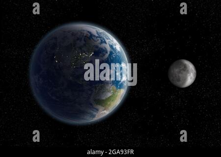 La Terre et la Lune rendu 3d de l'espace la nuit sur fond de champ d'étoiles, montrant les continents américains. Éléments de cette image fournis par Banque D'Images