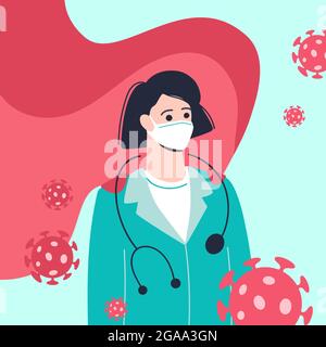 médecin-femme dans un masque médical et un manteau rouge. Le docteur est un super héros moderne. Bactéries autour de l'infirmière. Vecteur de style dessin animé. Pandémie du coronavirus Covid-19. Isolé Illustration de Vecteur