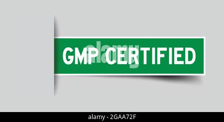 Etiquette verte carrée dans le mot GMP (bonnes pratiques de fabrication) certifiée qui s'insère sous fond gris (vecteur) Illustration de Vecteur