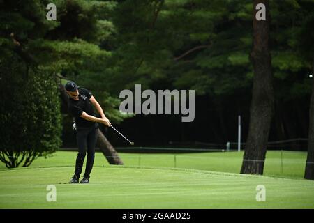 Thomas Pieters belges photographiés en action lors de la deuxième manche du jeu individuel de course de Golf masculin le huitième jour des 'Jeux Olympiques de Tokyo 2020' Banque D'Images