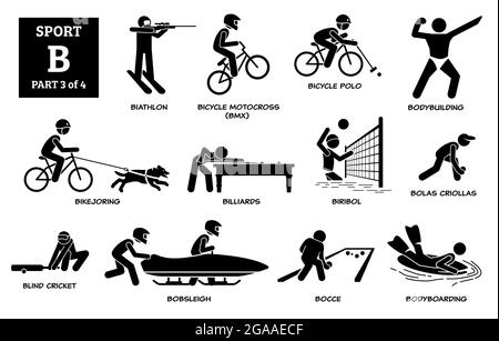 Jeux de sport alphabet B icônes vectorielles pictogramme. Biathlon, motocross à vélo, polo à vélo, culturisme, bikejooring, billard, biribol, boles criolla Illustration de Vecteur