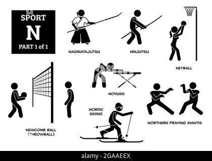 Icônes vecteur N de l'alphabet des jeux de sport pictogramme. Naginatajutsu, ninjutsu, netball, novuss, newcomb ball, throwball, ski nordique et prière nordique Illustration de Vecteur