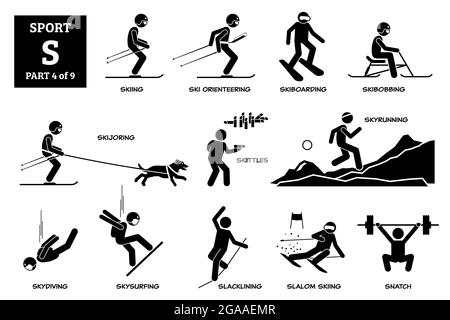 Icônes vecteur S de l'alphabet des jeux de sport pictogramme. Ski, orientation ski, ski nautique, ski nautique, ski nautique, ski nautique, skittles, parachutisme, parachutisme, skysurfi Illustration de Vecteur