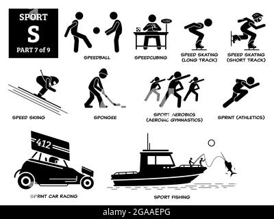 Icônes vecteur S de l'alphabet des jeux de sport pictogramme. Speedball, speedcubing, patinage de vitesse, ski de vitesse, Spongee, aérobie gymanstique, sprint athlétique, sprint Illustration de Vecteur