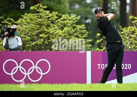 Thomas Pieters belges photographiés en action lors de la deuxième manche du jeu individuel de course de Golf masculin le huitième jour des 'Jeux Olympiques de Tokyo 2020' Banque D'Images