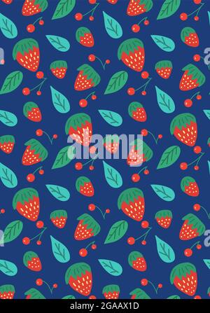 Motif simple sans couture avec différentes baies. Texture naturelle de dessin animé vectoriel. Fraise plate, mûre et canneberge dessinées à la main avec feuillage sur bl Illustration de Vecteur