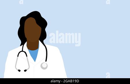 Vecteur plat d'une femme noire, portant des gommages bleus, un manteau blanc et un stéthoscope autour de son cou. La femme est isolée sur fond bleu. Illustration de Vecteur