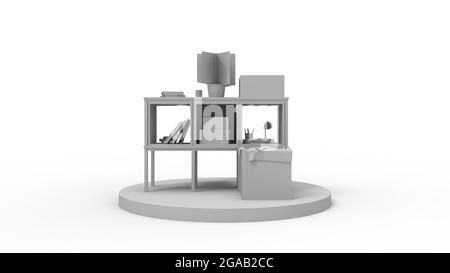 Rendu 3D d'une petite armoire de rangement sur un podium isolé sur fond blanc. Banque D'Images