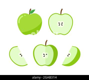 Ensemble de pommes vertes entières et mûres. Pomme demi et morceau. Illustration vectorielle pomme de style plat. Illustration de Vecteur