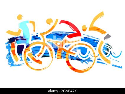 Course de triathlon. Trois athlètes de triathlon, illustration stylisée expressive.imitation du dessin au pinceau. Banque D'Images